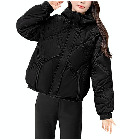 jtjvou Quilted Jackets for Women Lightweight Puffer Jacket Oversized Winter Warm Hooded Coats Long Sleeve Zip Up Down Outerwear Black L