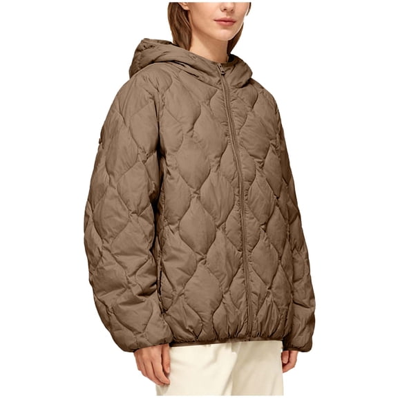 jtjvou Quilted Jackets for Women Zip Up Hooded Winter Coats Lightweight Loose Puffer Padded Outerwear with Pockets Coffee XS