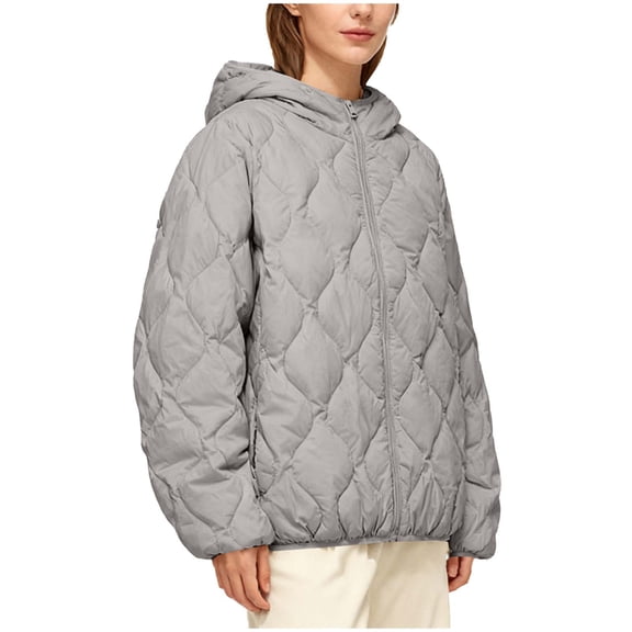jtjvou Quilted Jackets for Women Zip Up Hooded Winter Coats Lightweight Loose Puffer Padded Outerwear with Pockets Gray M