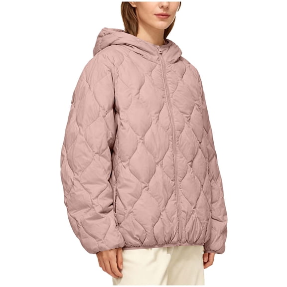 jtjvou Quilted Jackets for Women Zip Up Hooded Winter Coats Lightweight Loose Puffer Padded Outerwear with Pockets Pink S
