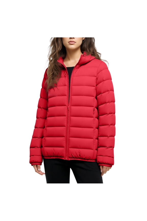 Quilted Puffer Jackets for Women Lightweight Zip Up Down Jacket Warm Padded Coat with Hooded Waterproof Puffy Coats Red S