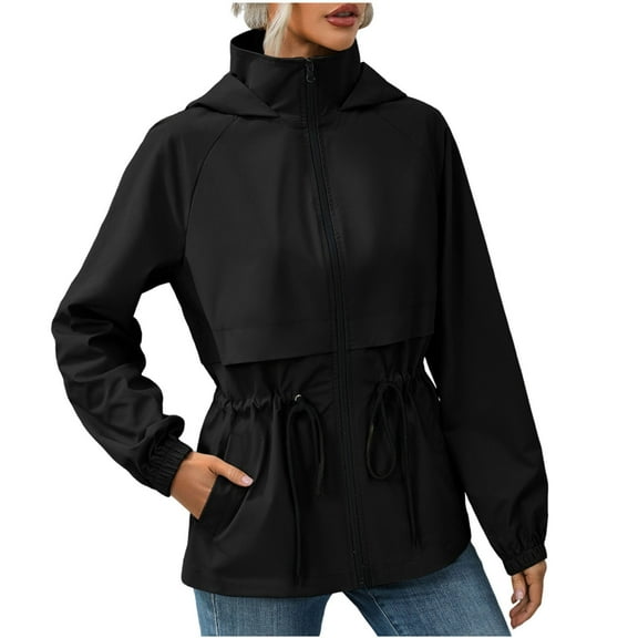 jtjvou Rain Jackets for Women Waterproof with Hood, Drawstring Waist Lightweight Windbreaker Outdoor Sports Trench Coat Black M