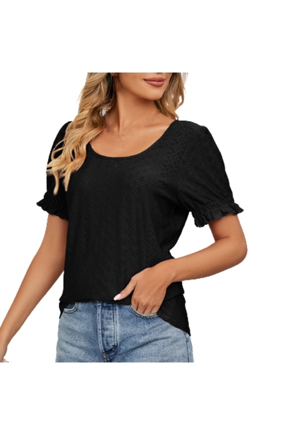 Round Neck Solid Cut Out Top Short Sleeve Flowy Comfortable Loose Fit Casual Shirt Daily Wear Fashion Top Black S