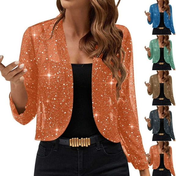 jtjvou Sequin Cardigans For Women Sparkly Dressy Long Sleeve Open Front Party Cropped Coats Glitter Shiny Casual Thin Jackets Blue L