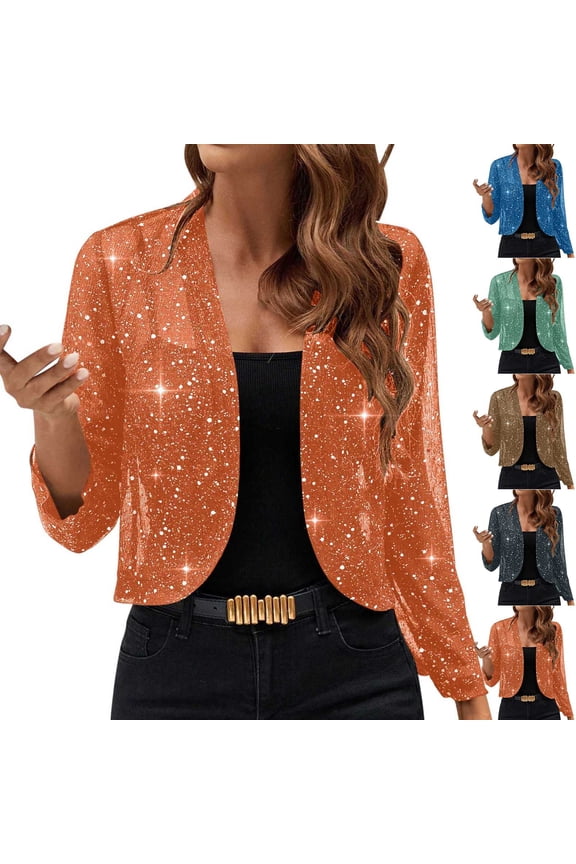 Sequin Cardigans For Women Sparkly Dressy Long Sleeve Open Front Party Cropped Coats Glitter Shiny Casual Thin Jackets Blue L