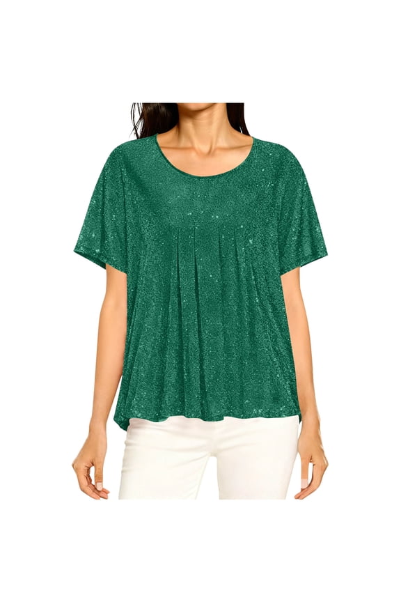 Sequin Tops for Women Sparkly Short Sleeve Crewneck Shiny Shirts Lightweight Glitter Tunic Pleated Layer Flowy Tops Green S