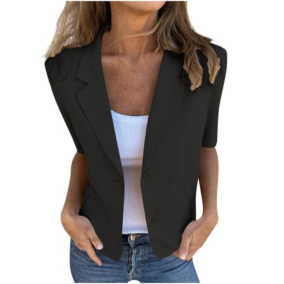 jtjvou Short Sleeve Blazer For Women Lightweight Business Casual Fashion Suit 2025 Summer Lapel Open Front Work Office Jacket Black M