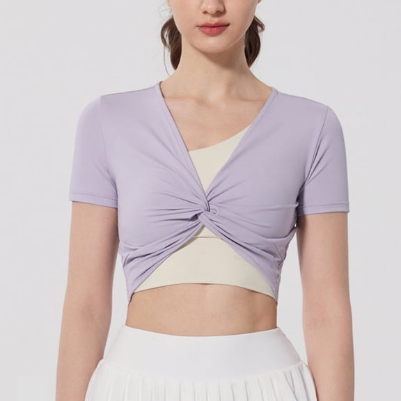 jtjvou Short Sleeve Crop Tops for Women V-Neck Twist Knot Patchwork Workout Cropped T Shirt Summer Top Sports Yoga Blouses Purple M