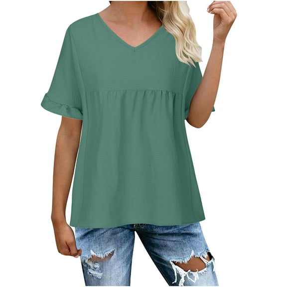 jtjvou Short Sleeve Tops for Women Round Neck Summer Tops Basic T-Shirts Cute Babydoll Style Tunics Flowy Pleated Blouses Blue XL
