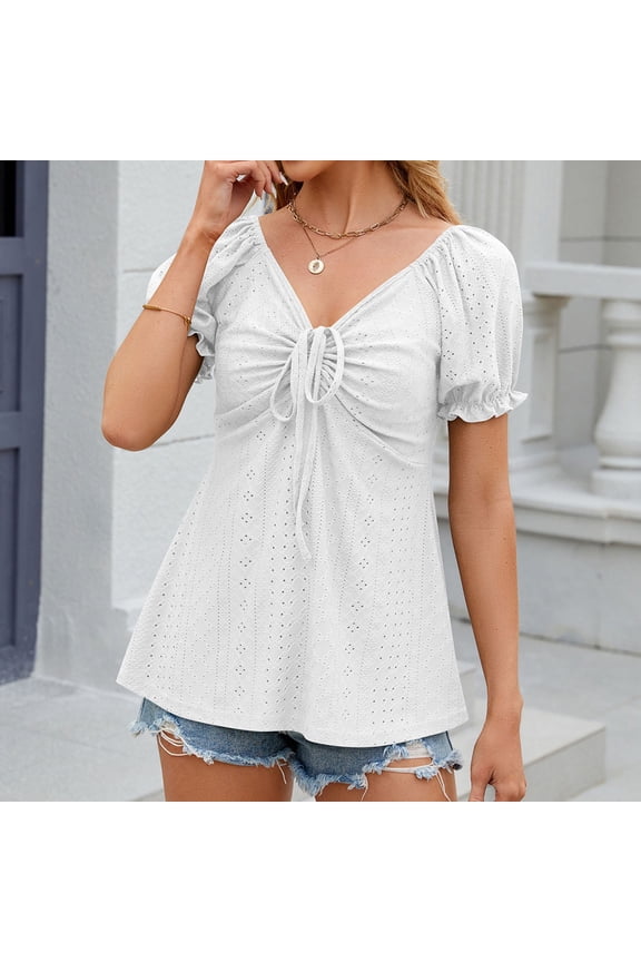 Short Sleeve V-Neck T-Shirt Women's Casual Blouse Drawstring Ruffled Puff Sleeve Breathable Comfortable Fashion Top for Daily Wear Spring Summer White T-shirts for women M