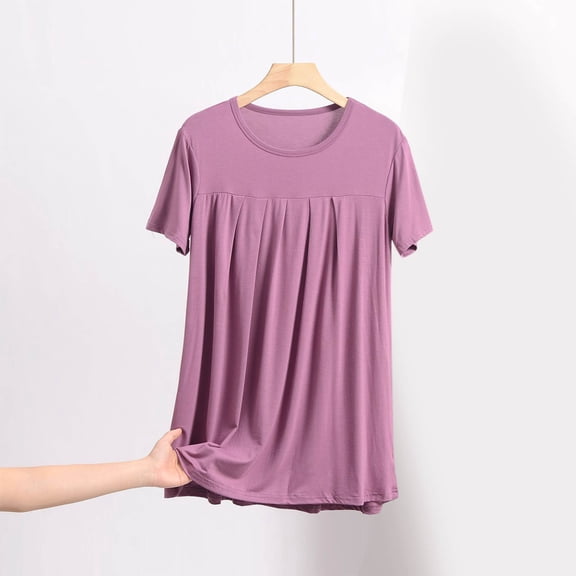 jtjvou Sleep Shirts for Women Modal Round Neck Pleated Solid Color Lounge Pajamas Tops Soft Ladies Short Sleeve Pajama Shirt Purple XXXL