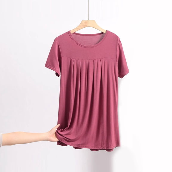 jtjvou Sleep Shirts for Women Modal Round Neck Pleated Solid Color Lounge Pajamas Tops Soft Ladies Short Sleeve Pajama Shirt Red XXXL