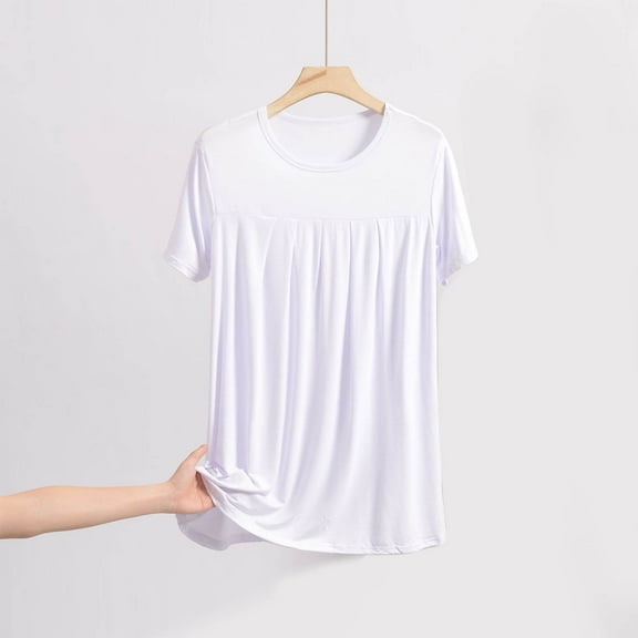 jtjvou Sleep Shirts for Women Modal Round Neck Pleated Solid Color Lounge Pajamas Tops Soft Ladies Short Sleeve Pajama Shirt White XXXXXL