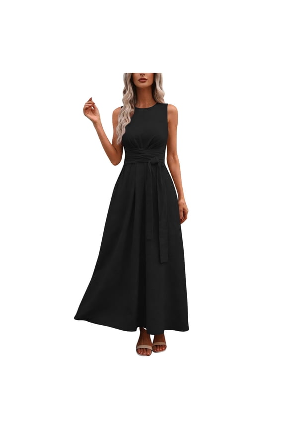 Sleeveless Crewneck Maxi Dresses for Women Elegant Classy Dress A Line Tie Waist Dresses Semi Formal Modest Dress Black L