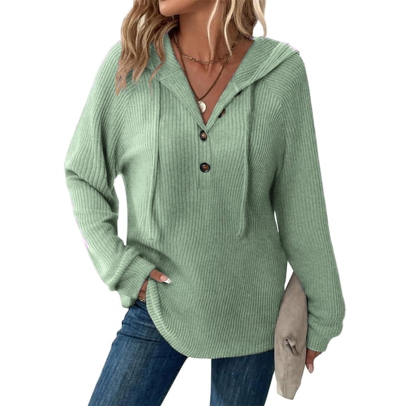 jtjvou Solid Casual Hooded Button Long Sleeve Sweatshirt Lightweight Soft Comfortable Fashion Tee for Women Daily Wear Winter Spring Blouse with Drawstring Green S