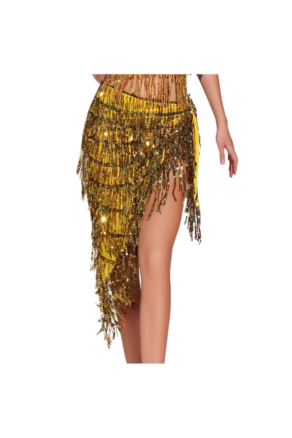 Sparkly Skirts for Women Belly Dance Hip Scarf with Tassels Sequins Elegant Side Split Wrap Skirt for Party Gold Free Size