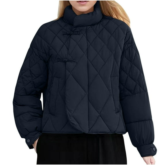 jtjvou Stand Collar Quilted Puffer Jackets for Women Vintage Button Lightweight Warm Winter Down Coat Outerwear Black L