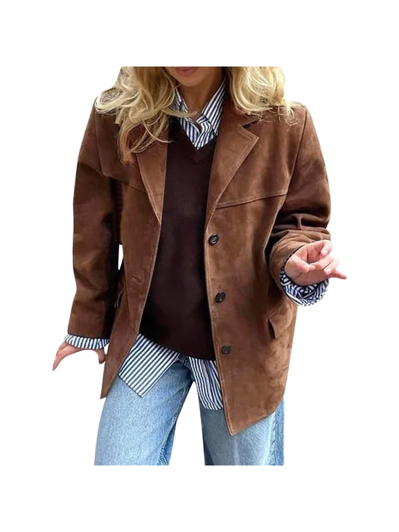 Suede Jackets for Women 2025 Brown Faux Leather Jacket Old Money Suede Blazer Outerwear Winter Coat Brown XL