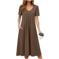 thumbnail image 1 of jtjvou Summer Dresses for Women Short Sleeve V Neck Pleated Midi Dress Casual A-Line Flowy Vacation Dresses with Pockets Brown M, 1 of 6