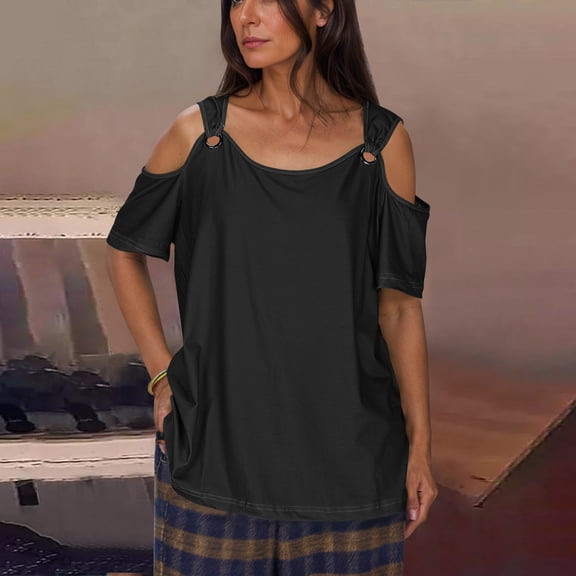 jtjvou Summer Tops Womens Tunic Tops Short Sleeve Cold Shoulder V Neck Loose Fit Basic Tee Y2k Casual Fashion Shirts Blouse Black XXL