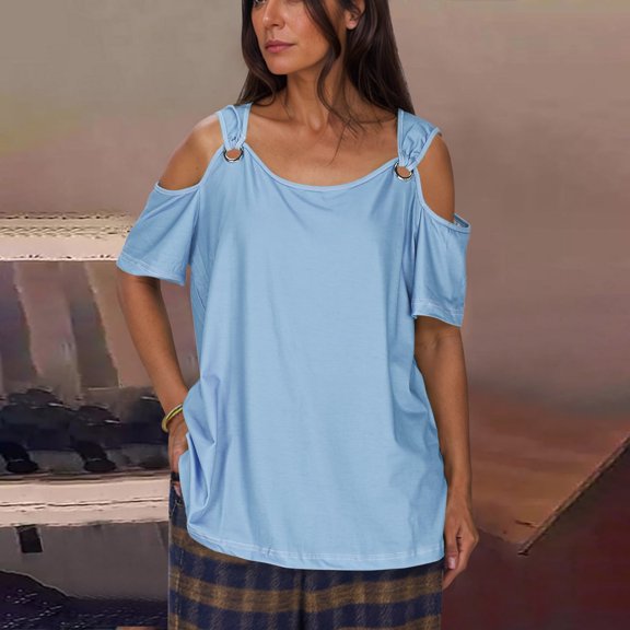 jtjvou Summer Tops Womens Tunic Tops Short Sleeve Cold Shoulder V Neck Loose Fit Basic Tee Y2k Casual Fashion Shirts Blouse Blue S