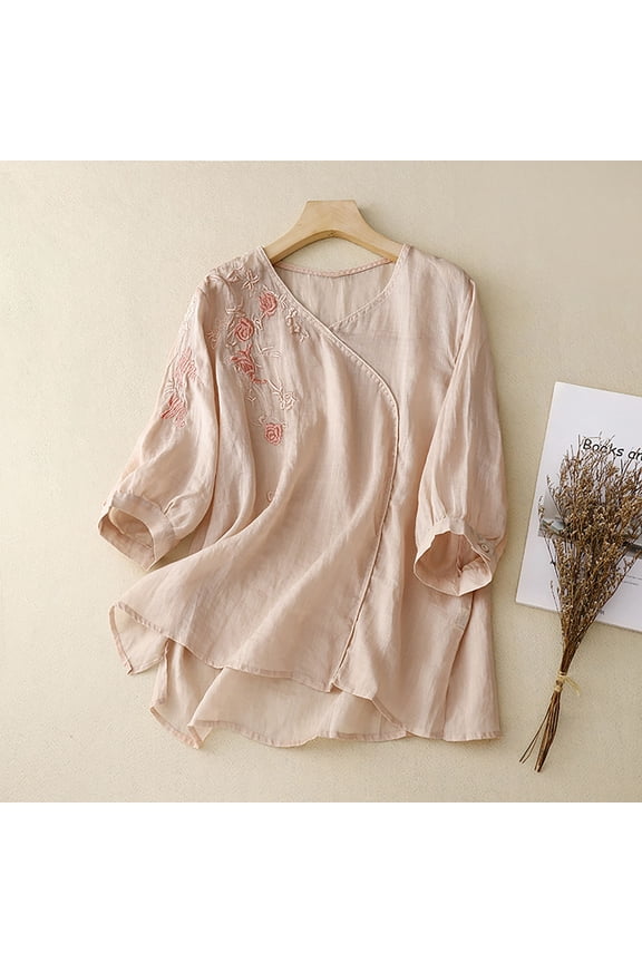Summer Tops for Women 2025 Dressy Casual Linen Embroidery Blouse Crew Neck Tunic Elbow Sleeve Shirts Boho Baggy Tops Pink M