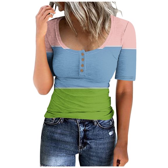 jtjvou Summer Tops for Women 2025 Trendy Boho Short Sleeve Scoop Neck Button Down Shirts Causal Color Block Slim Fit Blouse Blue M