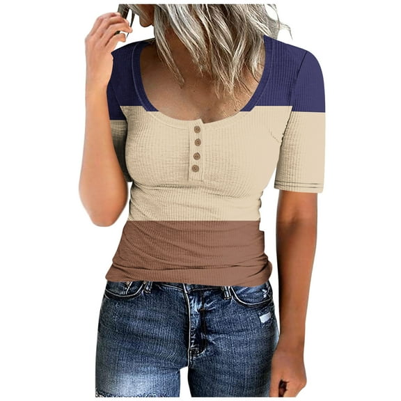 jtjvou Summer Tops for Women 2025 Trendy Boho Short Sleeve Scoop Neck Button Down Shirts Causal Color Block Slim Fit Blouse Yellow L