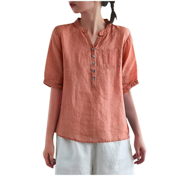 jtjvou Summer Tops for Women 2025 Trendy Short Sleeve Cotton Linen Henley Shirts Casual Button V Neck Tunic Blouse with Pocket Orange L