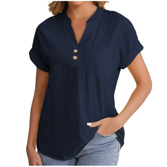 jtjvou Summer Tops for Women 2025 Trendy Short Sleeve Cotton Linen Shirt Casual Button v Neck Tunic Blouses Outfits Blue L