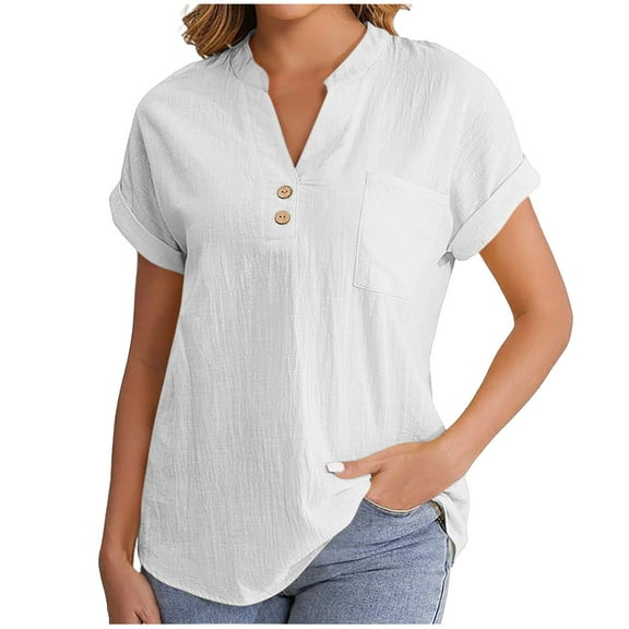 jtjvou Summer Tops for Women 2025 Trendy Short Sleeve Cotton Linen Shirt Casual Button v Neck Tunic Blouses Outfits White M