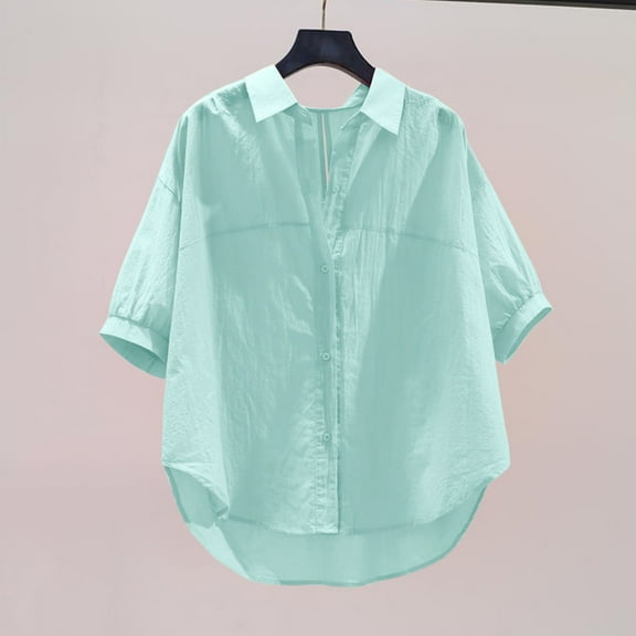 jtjvou Summer Women Thin Short Sleeve Shirts Korean Fashion Loose Casual Blouses Green L