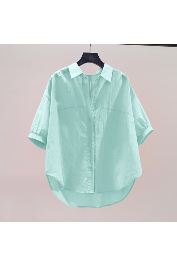 Summer Women Thin Short Sleeve Shirts Korean Fashion Loose Casual Blouses Green L