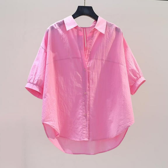 jtjvou Summer Women Thin Short Sleeve Shirts Korean Fashion Loose Casual Blouses Pink XL