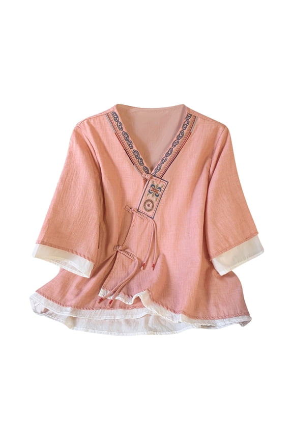 Summer Womens Cotton Linen Button Ethnic Embroidered top Chinese Style Retro Loose Shirt Pink S
