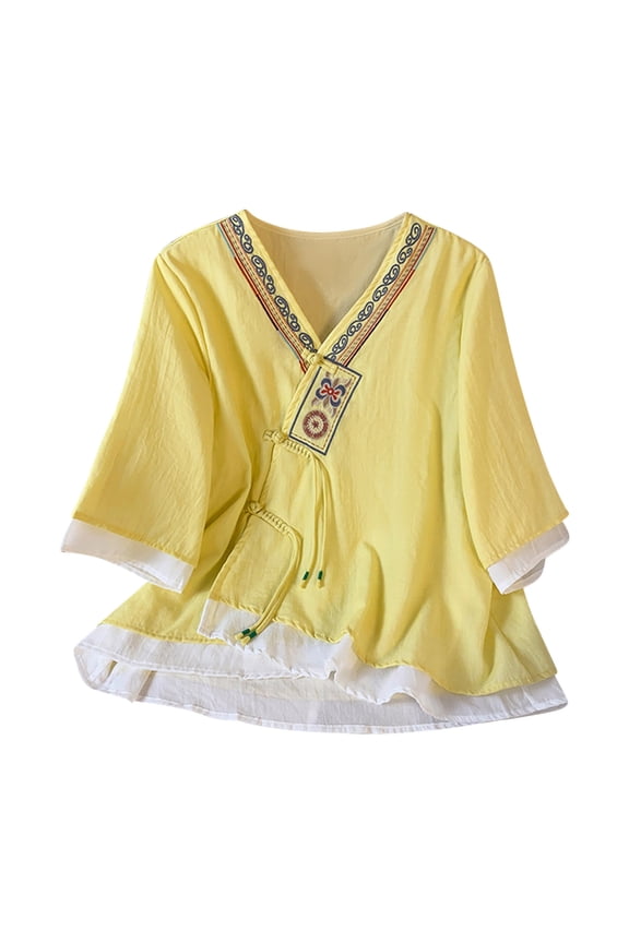 Summer Womens Cotton Linen Button Ethnic Embroidered top Chinese Style Retro Loose Shirt Yellow S