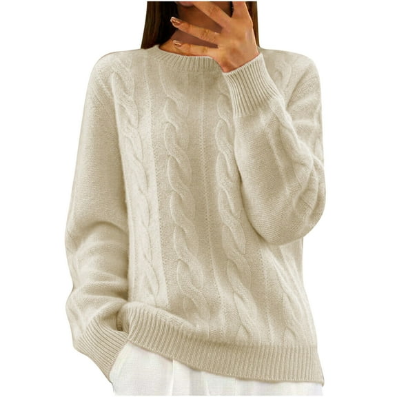 jtjvou Sweaters for Women 2025 Cable Knit Chunky Sweater Crew Neck Long Sleeve Women's Pullovers Basic Fall Warm Tops Beige L