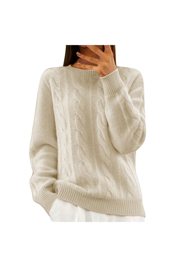 Sweaters for Women 2025 Cable Knit Chunky Sweater Crew Neck Long Sleeve Women's Pullovers Basic Fall Warm Tops Beige S