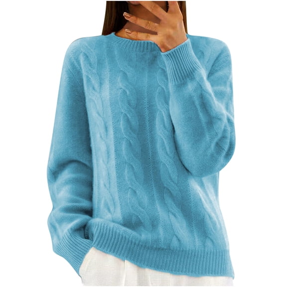 jtjvou Sweaters for Women 2025 Cable Knit Chunky Sweater Crew Neck Long Sleeve Women's Pullovers Basic Fall Warm Tops Light Blue XL