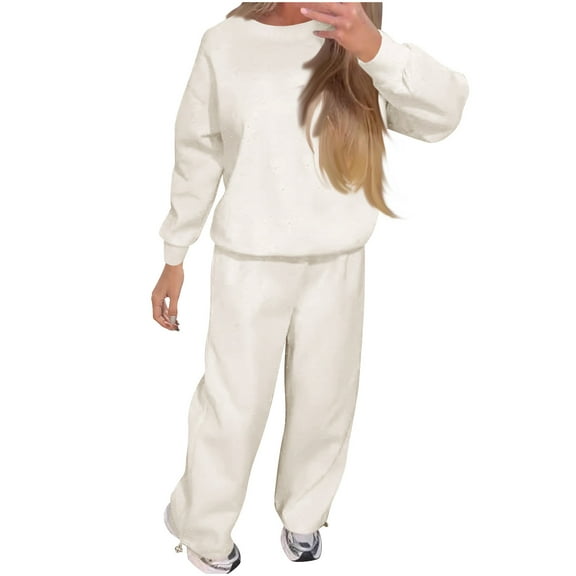 jtjvou Sweatsuit for Women 2 Piece Outfits Sparkly Glitter Rhinestone Long Sleeve Crew Neck Sweatshirts Wide Leg Pants Sets White L