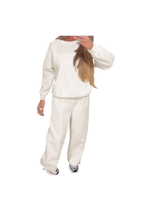 Sweatsuit for Women 2 Piece Outfits Sparkly Glitter Rhinestone Long Sleeve Crew Neck Sweatshirts Wide Leg Pants Sets White L