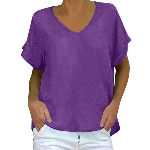 jtjvou T Shirts for Women Loose Fit Washed Old Lightweight Lounge Tops V Neck Solid Color Short Sleeve Summer Casual Shirts Purple XL