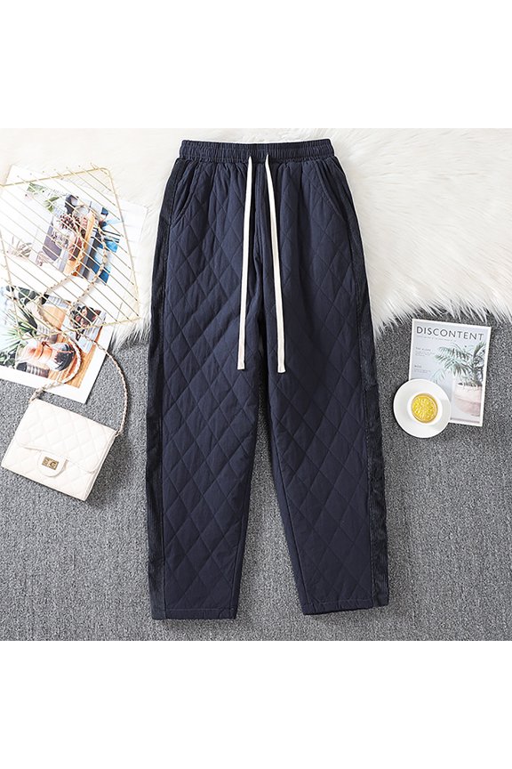 Thickened Diamond Check Wide Leg Pants Elastic-waisted Casual Pants Comfortable Soft Fabric Stylish Pocket Design for Fall and Winter Daily Wear Loose Fashion Trousers Blue L