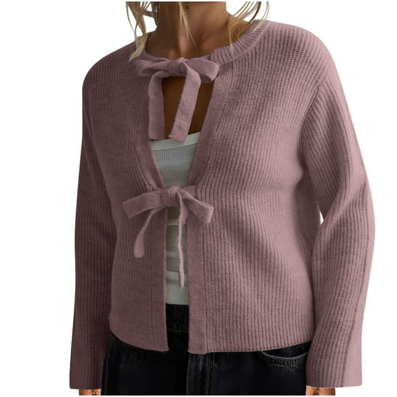 jtjvou Tie Front Knitwear Cardigan Top Women Long Sleeve Open Front Knitted Crop Cardigan Sweater Streetwear Pink M