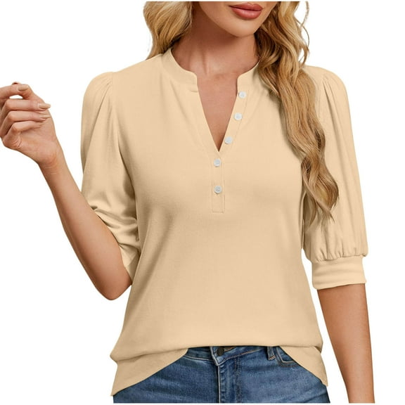 jtjvou Tops for Women 2025 Summer Tshirts Dressy Casual Blouse Short Sleeve V Neck Button T-shirt Business Henley Tunic Tees Beige M