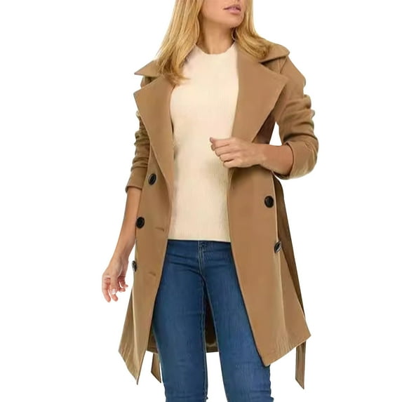 jtjvou Trench Coat for Women – Double-Breasted Long Solid Color Winter Faux Wool Coat Brown L