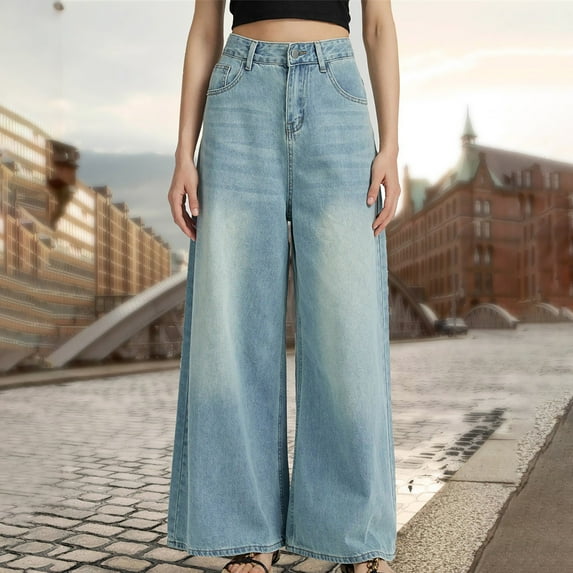 jtjvou Trendy Denim Trousers High Waist Loose Straight Comfortable Stylish Casual Pants Ideal for Everyday Wear Perfect for Parties or Daily Outings Blue XXL