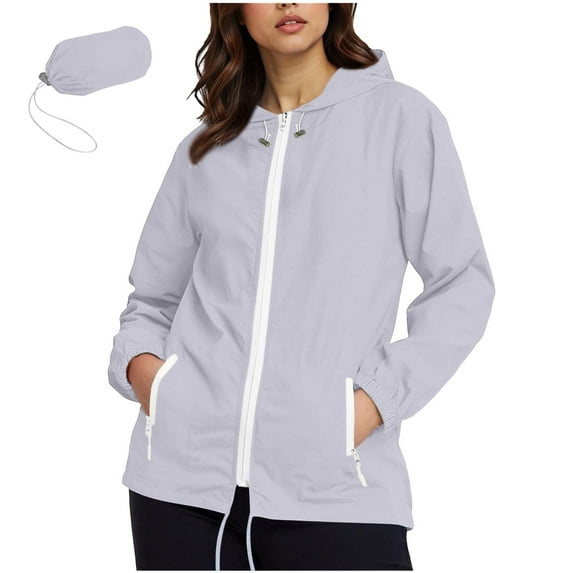jtjvou Trendy Outdoor Jackets with Pockets Women Raincoat Lightweight Athletic Jacket Packable Rain Coat Windbreaker Solid Color Rain Jackets Waterproof with Hood Fall Gray L