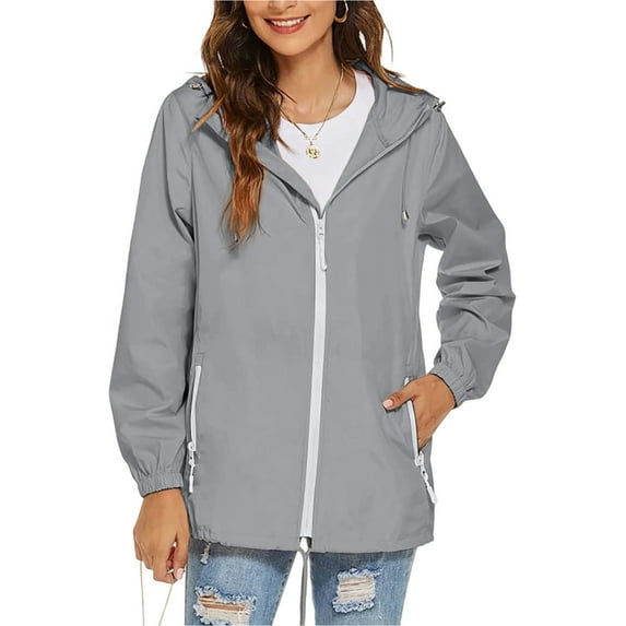 jtjvou Trendy Outdoor Jackets with Pockets Women Raincoat Lightweight Athletic Jacket Packable Rain Coat Windbreaker Solid Color Rain Jackets Waterproof with Hood Fall Gray L