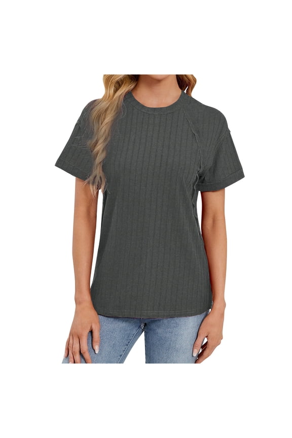 Tshirts Shirts for Women Summer Ribbed Knit Cuffed Short Sleeve Tunic Tops Ladies Loose Fit Tees Dressy Casual Blouse Gray S